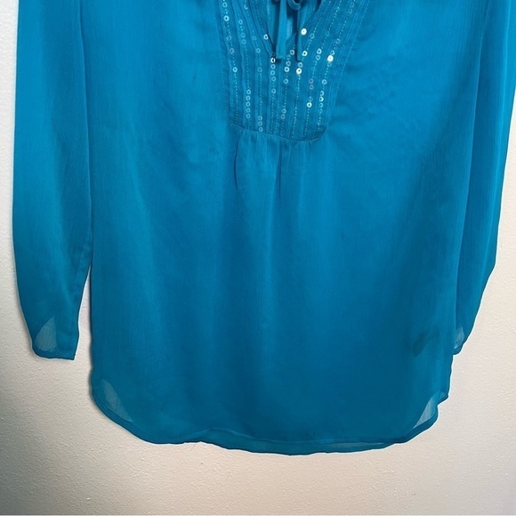 Express Sheer Blouse Peacock Blue Sequins - Picture 4 of 14